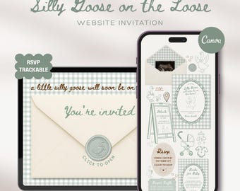 Sage Green Silly Goose Baby Shower Website Template with Trackable RSVP,Gingham Goose Editable Interactive Animated Invitation Canva Digital