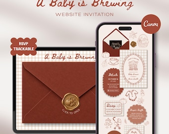 Cafe Bebe Fall Baby Shower Website Template with RSVP & Countdown: Baby is Brewing Pumpkin Editable Animated Invitation, Canva Template