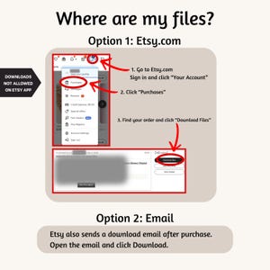 May include: A guide on how to download files from Etsy. The image shows instructions on how to find and download files from Etsy.com and via email. The text includes "Where are my files?" and "Downloads not allowed on Etsy app."