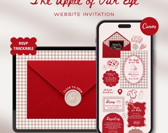 May include: A digital website invitation template titled The Apple of Our Eye featuring a red envelope with a wax seal on a tablet and a smartphone screen displaying baby shower details, apple illustrations, and a gingham pattern background.