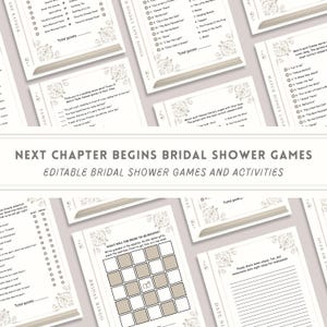 May include: A collection of printable bridal shower game sheets featuring black text on white paper with decorative floral borders. The sheets include activities like Disney song matching, movie quote matching, bridal bingo, and date night idea lists.