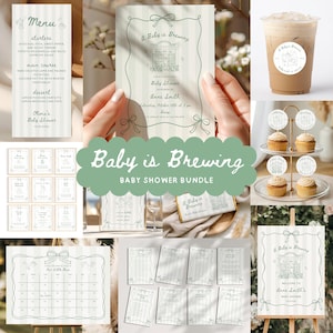 May include: A Baby is Brewing baby shower bundle featuring a menu, invitation, cupcake toppers, calendar, and signage. The stationery set displays a light green striped pattern with line art illustrations of a cafe, bows, and coffee-themed text.