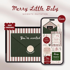May include: A digital website invitation for a baby shower titled Merry Little Baby, featuring a dark green envelope with a wax seal on a striped background, displayed on a tablet and smartphone screen with RSVP and event details in red and green.