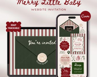 Christmas Baby Shower Website Template with RSVP Tracking: Merry Little Baby Winter Editable Interactive Animated Invitation Canva Digital