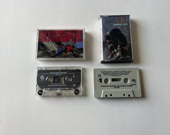 May include: Three cassette tapes, two are clear plastic with black labels and one is black with a white label. The black cassette tape has the text "SR" and "The Music is Rockin'" on the label. The clear cassette tape on the left has the text "David Lee Roth" and "Skyscraper" on the label. The clear cassette tape on the right has the text "Steve Ray Vaughan and Double Trouble" and "In Step" on the label.