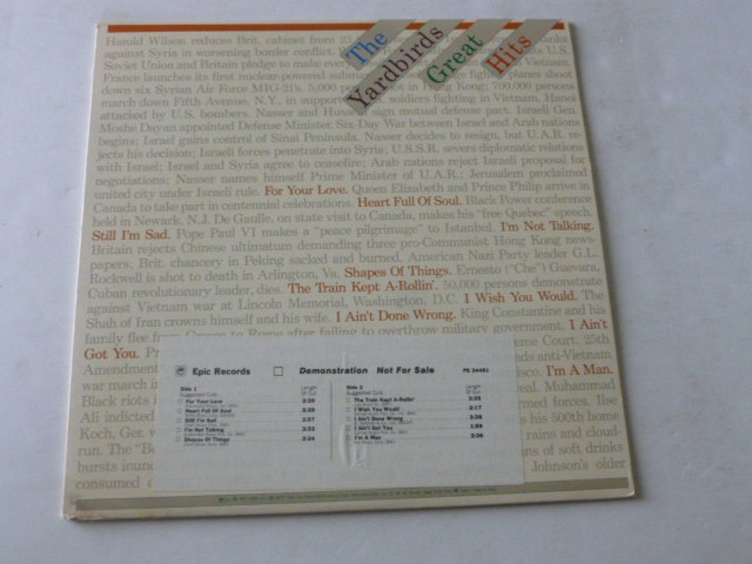 Yardbirds Great Hits promo Copy Vinyl Record LP PE 34491 Epic Records