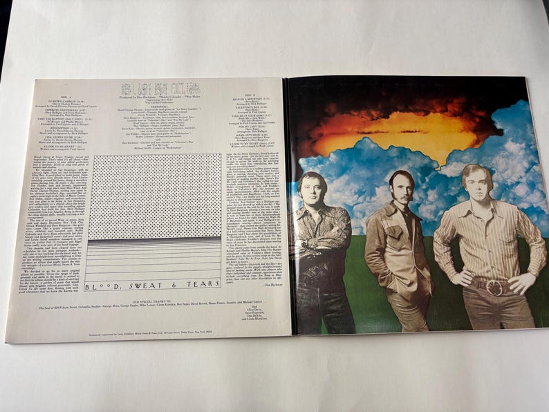 May include: An open vinyl record album featuring the band Blood, Sweat & Tears. The album cover shows three men in front of a colorful sky. The album's inner sleeve has text and a dotted pattern.