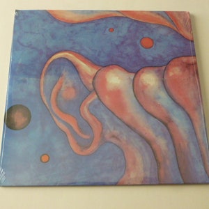 May include: A vinyl record cover with a blue and pink abstract design. The design features a large, pink, organic shape in the center of the cover. The shape is surrounded by smaller, blue and pink shapes. The cover also features a few small, red circles.