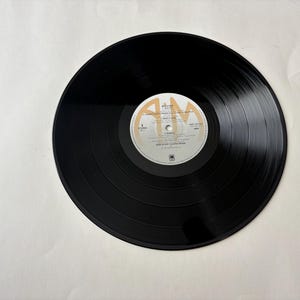 Puede incluir: Un disco de vinilo negro con una etiqueta blanca y dorada. El disco tiene surcos conc&eacute;ntricos y est&aacute; centrado en un fondo blanco. La etiqueta presenta texto y un logotipo. Es un art&iacute;culo de m&uacute;sica vintage.