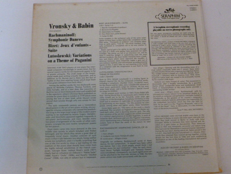 Vronsky & Babin Rachmaninoff Bizit Lutoslawski Vinyl Record LP 60053 Recorded In England Seraphim Records 1962 Sale image 2