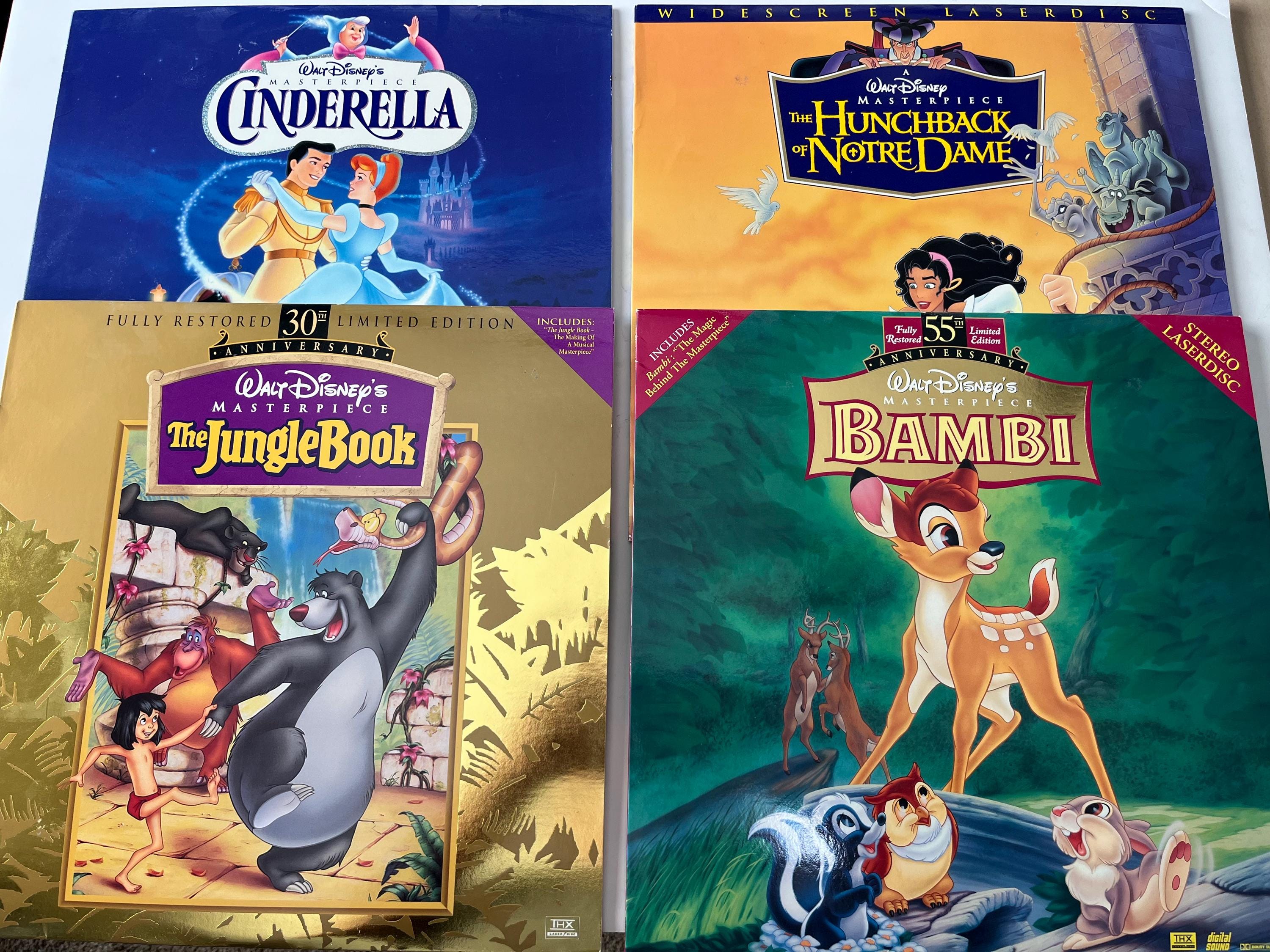 Vintage Disney Laserdiscs, Set of 4: Bambi, Cinderella, Jungle