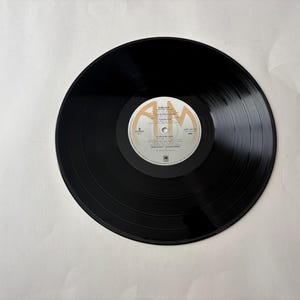 Puede incluir: Un disco de vinilo negro con una etiqueta blanca y dorada. El disco tiene surcos conc&eacute;ntricos y una etiqueta circular con texto. La etiqueta presenta el texto "A&M" y t&iacute;tulos de canciones. El disco est&aacute; sobre un fondo blanco.