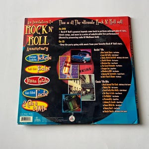 May include: A colorful box set for a Rock N' Roll Anniversary celebration. The box set includes a DVD, CD, vintage-looking tickets, a full-size poster, trivia cards, and fun-filled facts. The box is decorated with images of classic cars and rock and roll memorabilia.