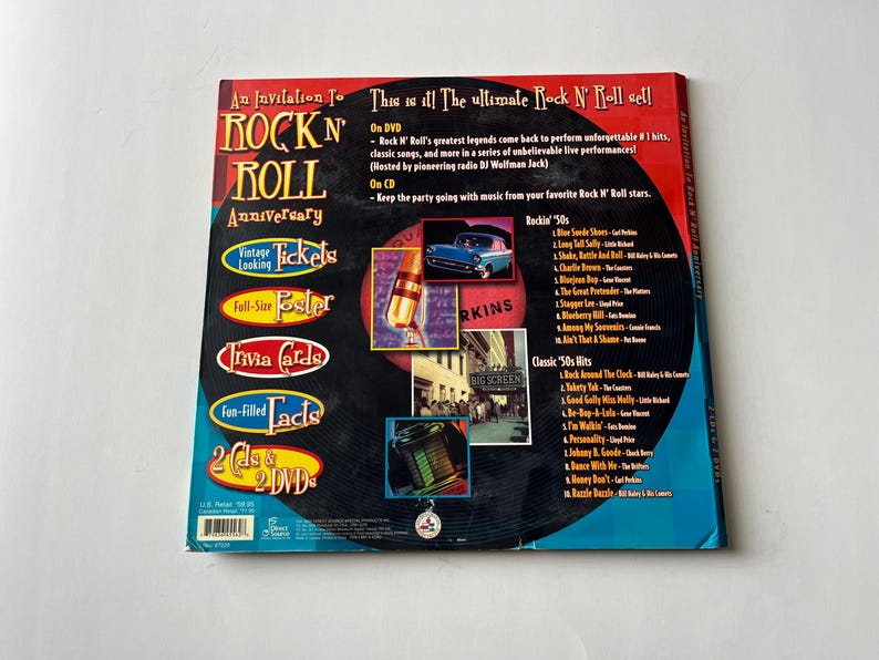 May include: A colorful box set for a Rock N' Roll Anniversary celebration. The box set includes a DVD, CD, vintage-looking tickets, a full-size poster, trivia cards, and fun-filled facts. The box is decorated with images of classic cars and rock and roll memorabilia.