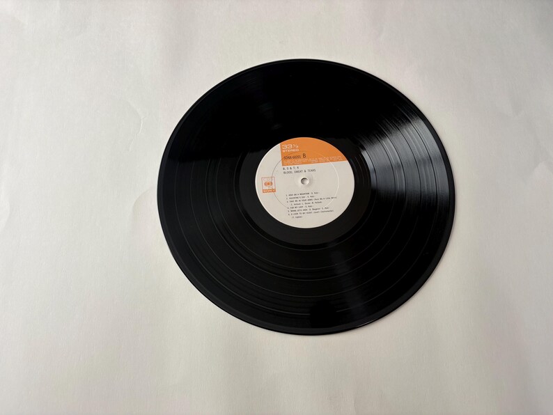 May include: A black vinyl record with a white and orange label. The label includes the artist's name, album title, and a list of songs. The record is centered on a white background.