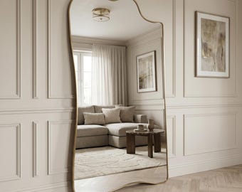 Champagne Gold Hallway Mirror, Large Asymmetrical Leaning Floor Piece, Modern Entryway