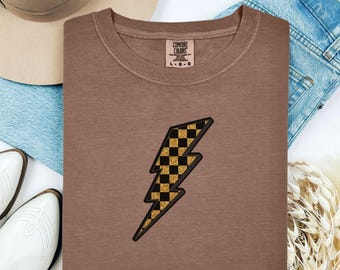 Black and Gold Checker Lightning Bolt Shirt, Retro Graphic Tee, Trendy Streetwear T-Shirt, Bold Minimalist Design