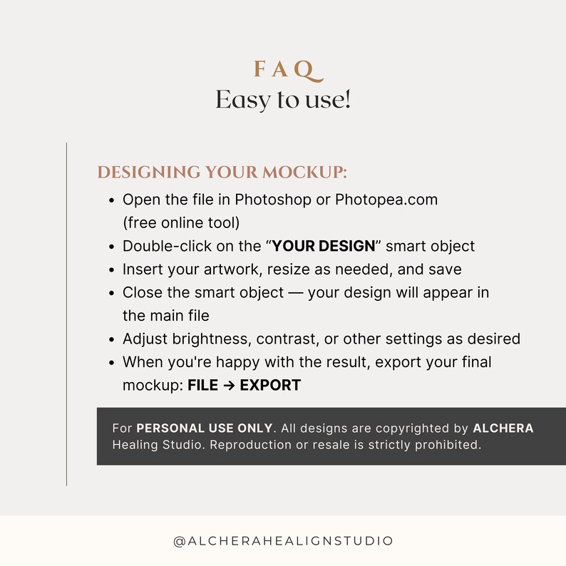 Instructions for using 2 Frame Gallery Wall Mockup Living Room PSD. Compatible with Photoshop and Photopea PSD. Includes steps to edit smart object labeled "YOUR DESIGN," insert artwork, adjust settings, and export. Ideal for framed poster mockup, DIN A-series ratio, and wood frame mockup projects. Part of a calm Scandinavian interior mockup set with glass reflection. For personal use only; resale of PSD Photoshop mockup is prohibited.