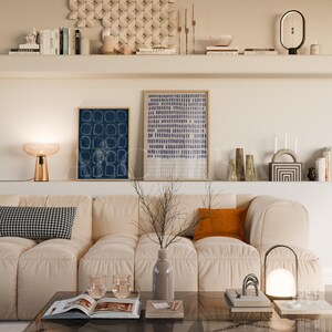 2 Frame Gallery Wall Mockup Living Room in Scandinavian interior scene with wood frame mockup and calm setting. Features a multiple poster mockup with DIN A-series ratio, ideal for showcasing minimalist abstract art. Framed poster mockup includes glass reflection and is designed for Photoshop mockup or Photopea PSD editing. Perfect interior mockup for promoting gallery wall art, set of 2 arts, or 2 frame mockup templates in high-resolution.