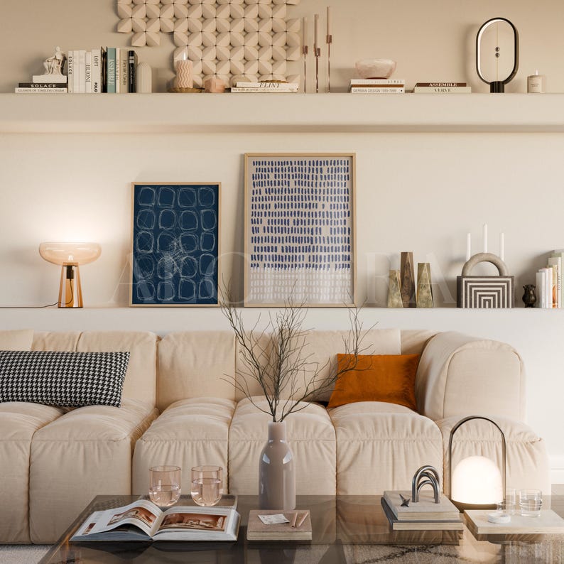 2 Frame Gallery Wall Mockup Living Room in Scandinavian interior scene with wood frame mockup and calm setting. Features a multiple poster mockup with DIN A-series ratio, ideal for showcasing minimalist abstract art. Framed poster mockup includes glass reflection and is designed for Photoshop mockup or Photopea PSD editing. Perfect interior mockup for promoting gallery wall art, set of 2 arts, or 2 frame mockup templates in high-resolution.