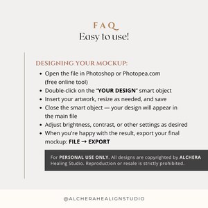 FAQ graphic for vertical framed poster PSD mockup explaining how to use in Photoshop or Photopea. Instructions include opening file, editing “YOUR DESIGN” smart object, inserting and resizing artwork, saving, adjusting brightness/contrast, and exporting final mockup. Notes personal use only and copyright by Alchera Healing Studio. Ideal for Photopea PSD mockup buyers, interior mockup users, and those creating DIN A ratio wood frame mockup presentations.