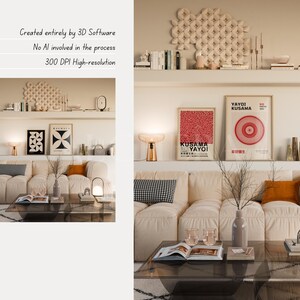 2 Frame Gallery Wall Mockup Living Room in Scandinavian interior with wood frame mockup. Created entirely by 3D software, no AI used. 300 DPI high-resolution PSD for Photoshop or Photopea use. Includes framed poster mockup, mockup DIN A ratio, and glass reflection. Interior mockup features set of 2 arts with calm, minimalist decor. Ideal multiple poster mockup for showcasing gallery wall art in styled living space.
