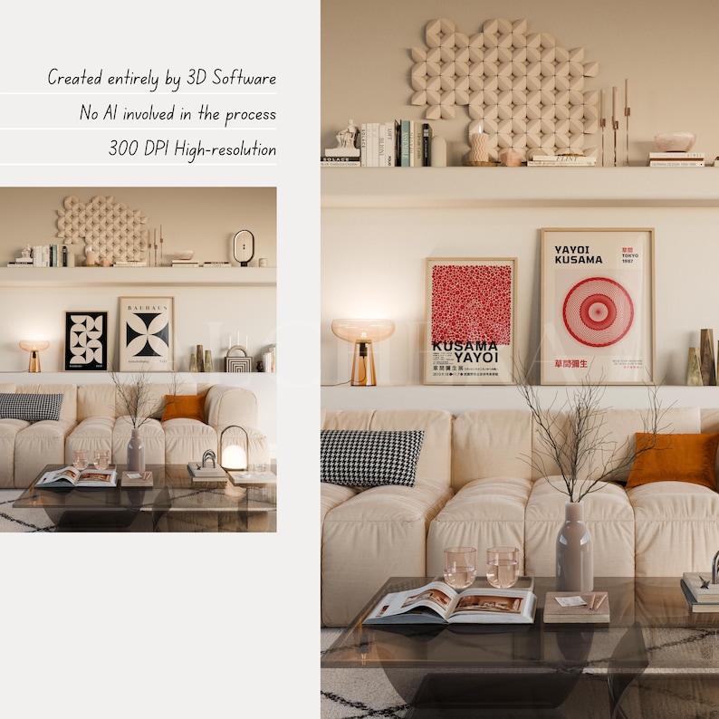 2 Frame Gallery Wall Mockup Living Room in Scandinavian interior with wood frame mockup. Created entirely by 3D software, no AI used. 300 DPI high-resolution PSD for Photoshop or Photopea use. Includes framed poster mockup, mockup DIN A ratio, and glass reflection. Interior mockup features set of 2 arts with calm, minimalist decor. Ideal multiple poster mockup for showcasing gallery wall art in styled living space.