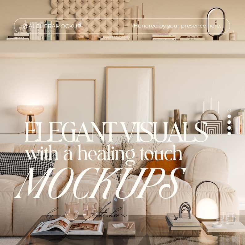 Elegant 2 Frame Gallery Wall Mockup Living Room in calm Scandinavian interior scene with wood frame mockup and glass reflection. Features blank framed poster mockup ready for custom design in PSD format, compatible with Photoshop and Photopea. DIN A-series ratio mockup ideal for multiple poster mockup presentations. High-resolution PSD for healing-inspired visuals and interior mockup styling. Perfect for promoting gallery wall art or 2 frame mockup products.