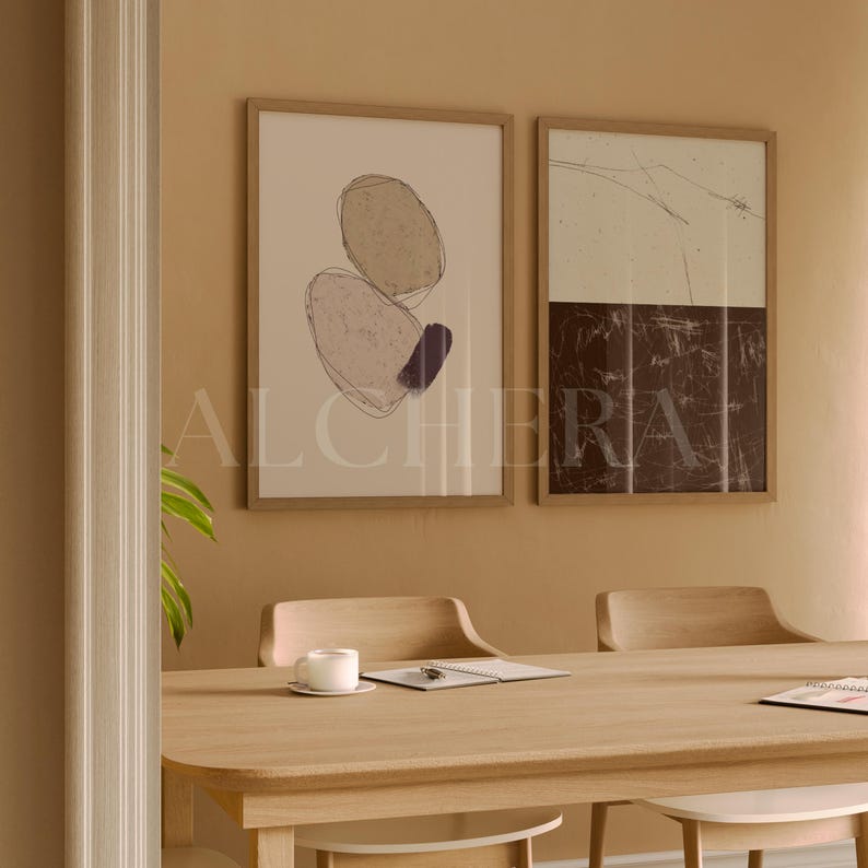 2 Vertical Frame Video Mockup in a warm earthy interior, featuring a thin wood frame in DIN A ratio. This high quality Photoshop mockup highlights an abstract artwork displayed above a Scandinavian-inspired dining table with natural glass reflections. Perfect as a poster mockup video, reel mockup video, or artwork mockup for Etsy sellers, designers, and creative entrepreneurs. Editable PSD format offers lifelike presentation for professional branding and product showcases.