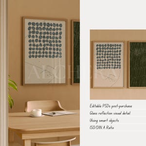 2 Vertical Frame Video Mockup showcasing abstract art with thin wood frames in an earthy dining room. Editable PSDs (1920x1920) using smart object layers, perfect for Photoshop mockup users. Features glass reflection visual detail for realistic display. Ideal for frame mockup video, interior mockup, artwork mockup, and poster mockup video. Designed in ISO/DIN A ratio, this high quality mockup is perfect for reel mockup video or single frame mockup use.