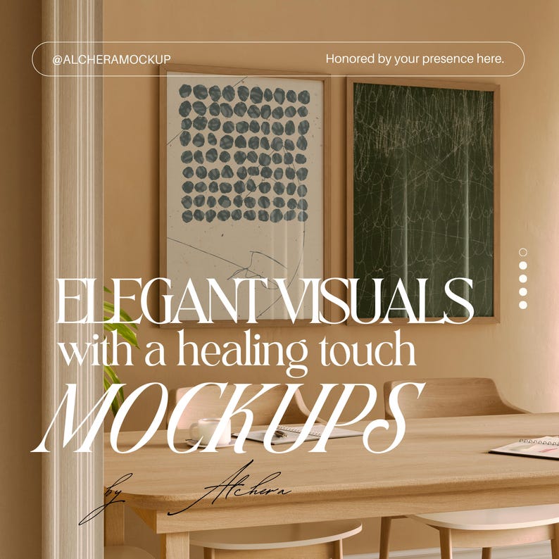 2 Vertical Frame Video Mockup in a warm earthy office dining room — high quality Photoshop mockup in DIN A ratio with a thin wood frame. This minimal interior mockup doubles as a poster mockup video, reel mockup video, and artwork mockup scene. Professionally designed with 3D software and PSD format (1920x1920), it offers natural glass reflections and elegant Scandinavian style, perfect for creative entrepreneurs and Etsy product showcase.