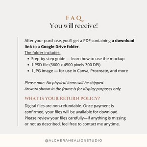 FAQ product listing image for vertical framed poster PSD mockup. Text outlines digital product delivery: PDF with Google Drive link containing step-by-step guide, 1 PSD file (3600x4500 pixels, 300 DPI), and 1 JPG image for Canva, Procreate, etc. Notes no physical items shipped, artwork for display only, and return policy for non-refundable digital files. Ideal for Photoshop mockup, Photopea PSD, and interior mockup buyers seeking high-quality DIN A ratio mockup resources.