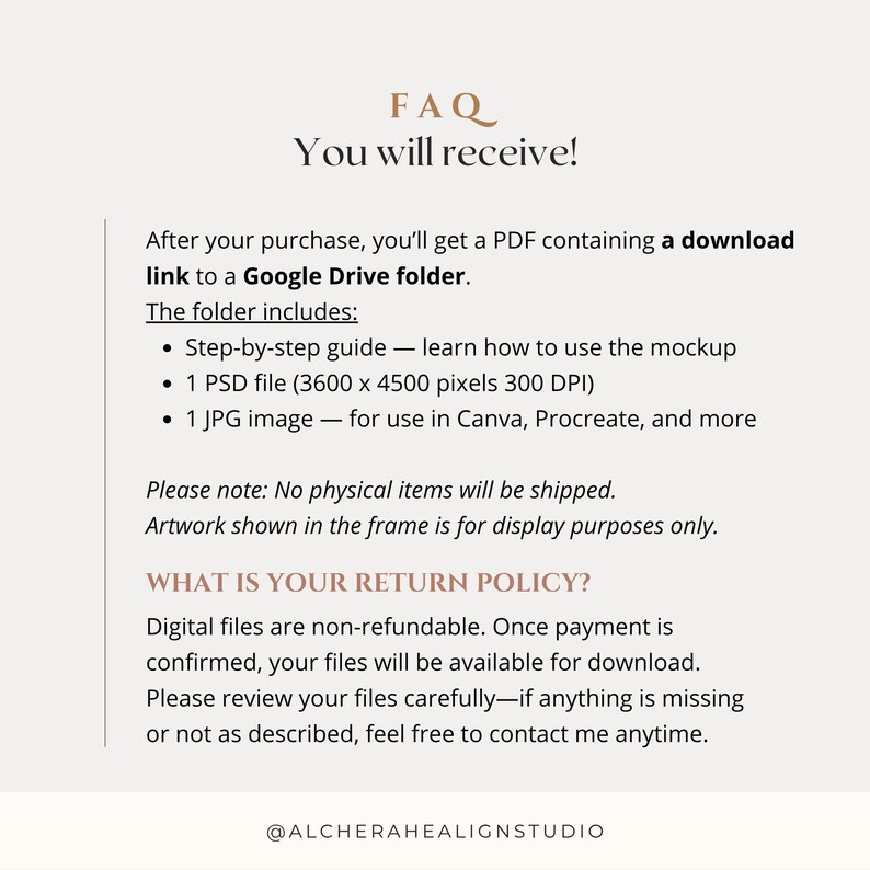 FAQ product listing image for vertical framed poster PSD mockup. Text outlines digital product delivery: PDF with Google Drive link containing step-by-step guide, 1 PSD file (3600x4500 pixels, 300 DPI), and 1 JPG image for Canva, Procreate, etc. Notes no physical items shipped, artwork for display only, and return policy for non-refundable digital files. Ideal for Photoshop mockup, Photopea PSD, and interior mockup buyers seeking high-quality DIN A ratio mockup resources.