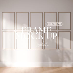 Mockup di parete galleria: 10 opzioni di cornice, cornici in legno (PSD)