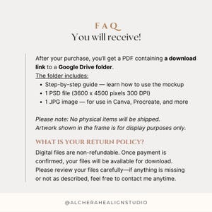 FAQ for 2 Frame Gallery Wall Mockup Living Room PSD. Includes details on what you receive: a 3600x4500 px PSD file (300 DPI), JPG for Canva/Procreate, and step-by-step guide. No physical product shipped. Poster mockup is compatible with Photoshop and Photopea, ideal for interior mockup, framed poster mockup, wood frame mockup, and DIN A-series ratio projects. Digital download only—non-refundable policy with customer support available.