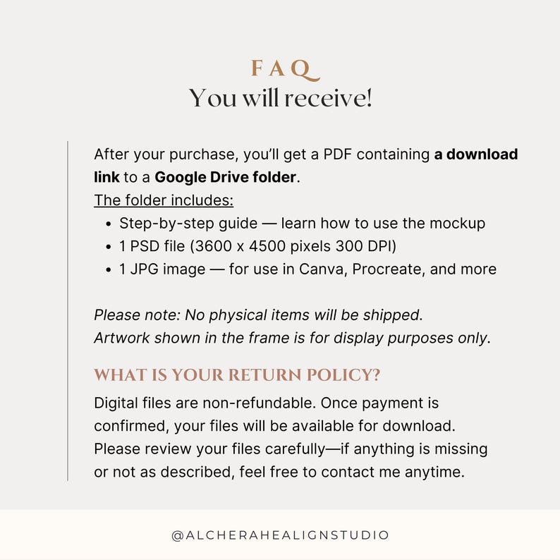 FAQ for 2 Frame Gallery Wall Mockup Living Room PSD. Includes details on what you receive: a 3600x4500 px PSD file (300 DPI), JPG for Canva/Procreate, and step-by-step guide. No physical product shipped. Poster mockup is compatible with Photoshop and Photopea, ideal for interior mockup, framed poster mockup, wood frame mockup, and DIN A-series ratio projects. Digital download only—non-refundable policy with customer support available.