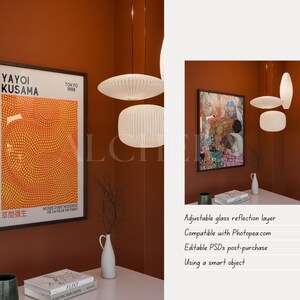 Vertical framed poster mockup in Scandinavian living room decor with warm terracotta walls, natural lighting, and calm setting. Wood frame mockup featuring adjustable glass reflection layer, compatible with Photoshop and Photopea. Editable PSDs post-purchase using smart objects, DIN A ratio. Perfect single frame mockup for interior mockup presentations, Modern Contemporary mockup styles, and showcasing high-quality artwork or prints with a realistic, modern aesthetic.