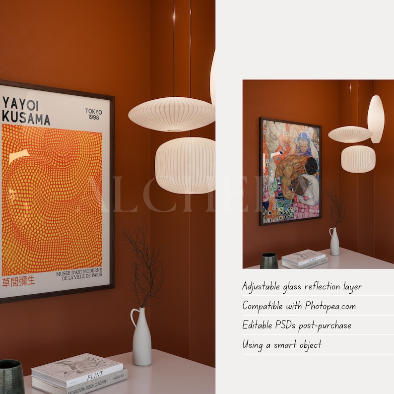 Vertical framed poster mockup in Scandinavian living room decor with warm terracotta walls, natural lighting, and calm setting. Wood frame mockup featuring adjustable glass reflection layer, compatible with Photoshop and Photopea. Editable PSDs post-purchase using smart objects, DIN A ratio. Perfect single frame mockup for interior mockup presentations, Modern Contemporary mockup styles, and showcasing high-quality artwork or prints with a realistic, modern aesthetic.