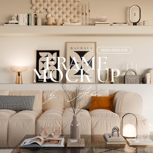 2 Frame Gallery Wall Mockup Living Room scene in Scandinavian interior with wood frame mockup. Features multiple poster mockup setup with DIN A-series ratio, glass reflection visible. Ideal for photoshop mockup or photopea PSD use. Framed poster mockup highlights calm setting with natural light. Perfect for interior mockup presentations. Showcases a clean 2 frame mockup as gallery wall art or set of 2 arts, styled in neutral tones and minimalistic decor.