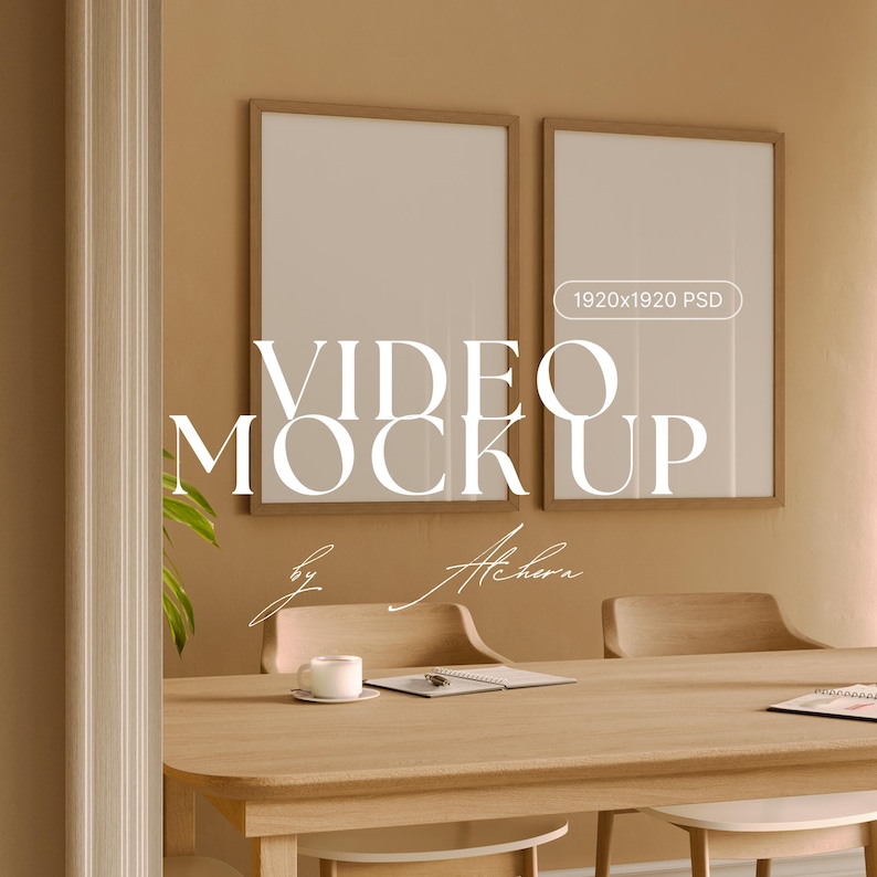 2 Vertical Frame Video Mockup in a warm earthy dining room scene, showcasing a high quality PSD Photoshop file (1920x1920) with thin wood framed posters in a minimal, modern interior. Perfect for showcasing poster mockup video, reel mockup video, or artwork mockup content. This mockup DIN A ratio is ideal for promoting interior mockup scenes or single frame mockup designs. Great for video mockup, frame mockup video, and 2 frame mockup content creation.