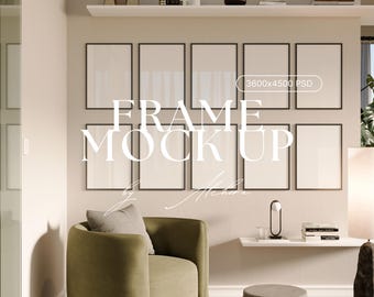 May include: A room interior with a wall featuring ten black framed mock-up prints. A green armchair with a gray pillow sits on a fluffy rug. The text "FRAME MOCK UP" is displayed on the wall.