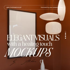 Vertical framed poster mockup in Scandinavian living room decor with warm terracotta walls, natural lighting, and calm setting. Wood frame mockup with realistic glass reflection, featuring Bauhaus artwork. Overlay text reads “Elegant visuals with a healing touch mockups” by Alchera, @alcheramockup. High-quality PSD Photoshop and Photopea compatible, DIN A ratio. Perfect single frame mockup for interior mockup and Modern mockup presentation.