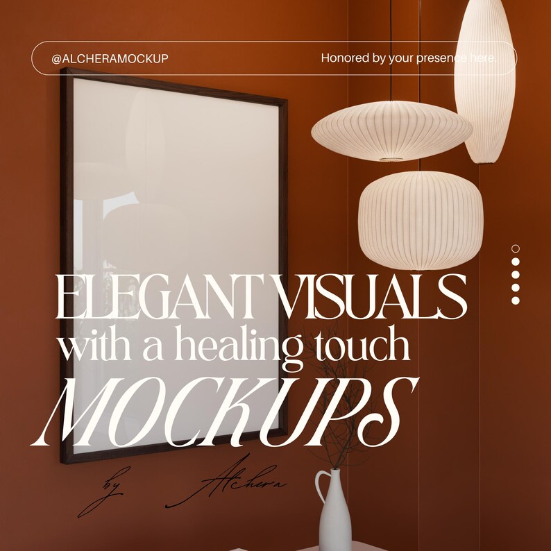 Vertical framed poster mockup in Scandinavian living room decor with warm terracotta walls, natural lighting, and calm setting. Wood frame mockup with realistic glass reflection, featuring Bauhaus artwork. Overlay text reads “Elegant visuals with a healing touch mockups” by Alchera, @alcheramockup. High-quality PSD Photoshop and Photopea compatible, DIN A ratio. Perfect single frame mockup for interior mockup and Modern mockup presentation.
