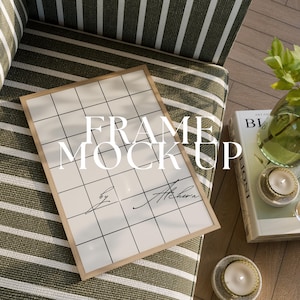Art Frame on Couch Mockup | DIN A Ratio PSD Photoshop Photopea Thin Wood Frame Mockup in Natural Lighting Cozy Calm Setting Interior Decor