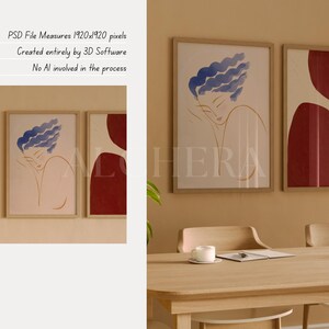 2 Vertical Frame Video Mockup (1920x1920 PSD), created entirely with 3D software and no AI. Features a warm earthy dining room with thin wood framed abstract artwork – a minimalist blue-haired portrait and bold red shapes. Ideal for interior mockup scenes, artwork mockup, frame mockup video, and poster mockup video. Perfect for showcasing high quality mockup designs using Photoshop. Great for reel mockup video and vertical frame content.