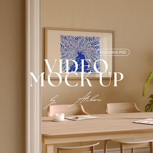 HORIZONTAL Frame Video Mockup | DIN A Ratio PSD Photoshop Thin Wood Frame Poster Mockup Video Earthy Office Dining Room Artwork Mockup Scene