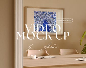 HORIZONTAL Rahmen Video Mockup | DIN A Ratio PSD Photoshop Dünner Holzrahmen Poster Mockup Video Büro Esszimmer Kunstwerk Mockup Szene