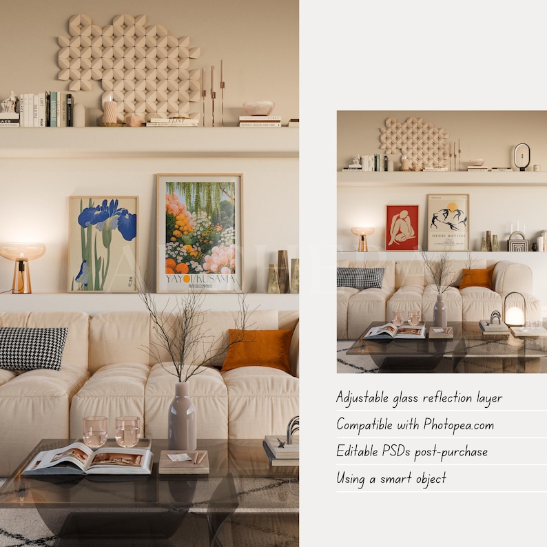 2 Frame Gallery Wall Mockup Living Room in Scandinavian interior scene featuring wood frame mockup and glass reflection. Includes multiple poster mockup in DIN A-series ratio, ideal for Photoshop or Photopea PSD use. This framed poster mockup offers a calm setting with a set of 2 arts, perfect for showcasing gallery wall art in an interior mockup. PSD file includes smart object and editable layers, making it a high-quality 2 frame mockup for print or digital previews.