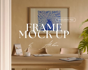 HORIZONTAL Frame Mockup | DIN A Ratio PSD Photoshop Wood Framed Poster Mockup with Glass Reflection in Natural Lighting Earthy Decor Scene