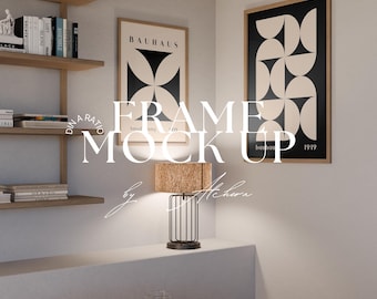 Mockup di parete galleria con 2 cornici: mockup di cornice in legno con rapporto DIN A in un ambiente interno tranquillo (PSD)